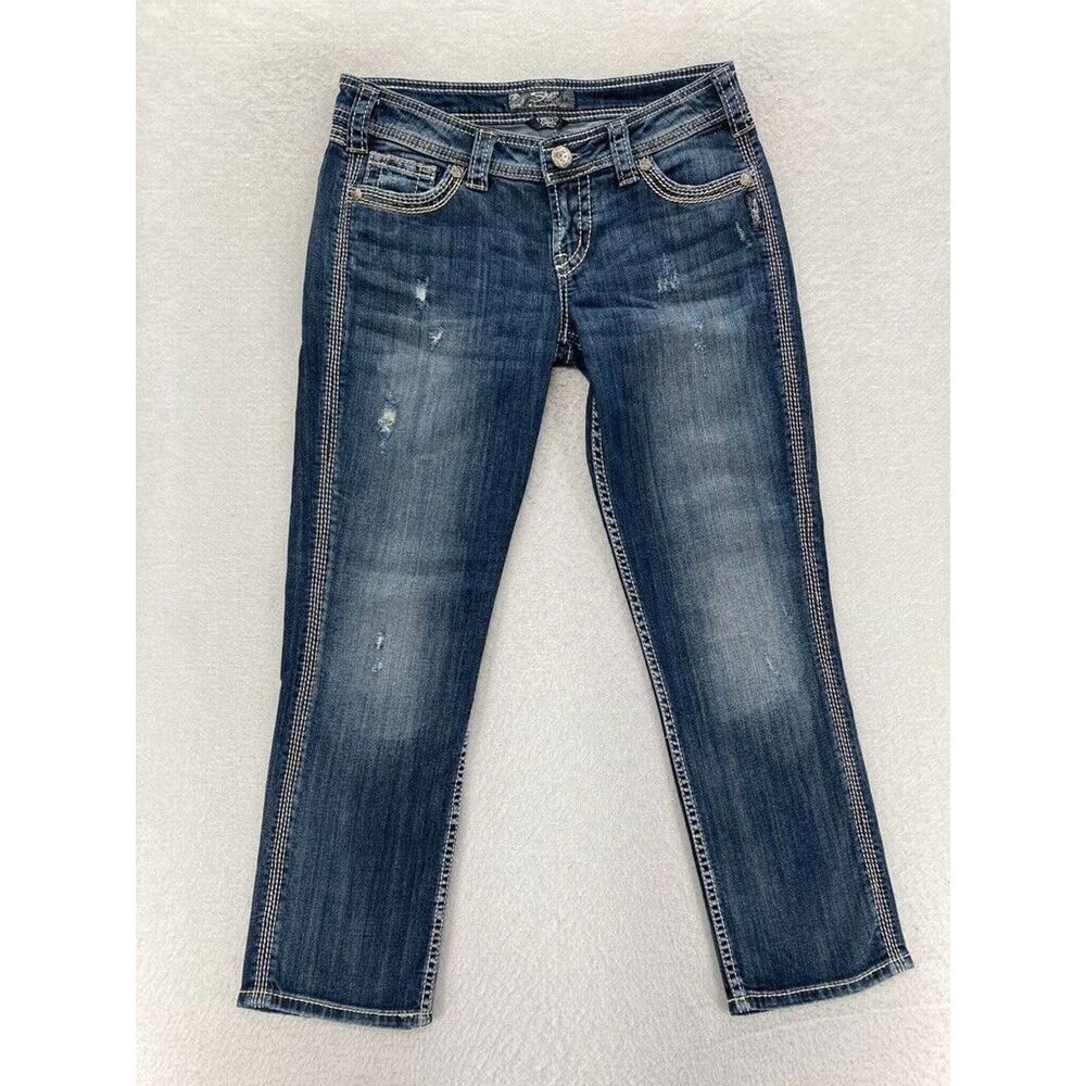 Silver Jeans Twisted Capri Women's 27 Dark Wash Blue Distressed Denim Jeans Pant